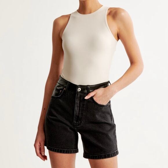 Abercrombie & Fitch The Dad Faux Leather High-Rise Denim Shorts - Picture 11 of 11